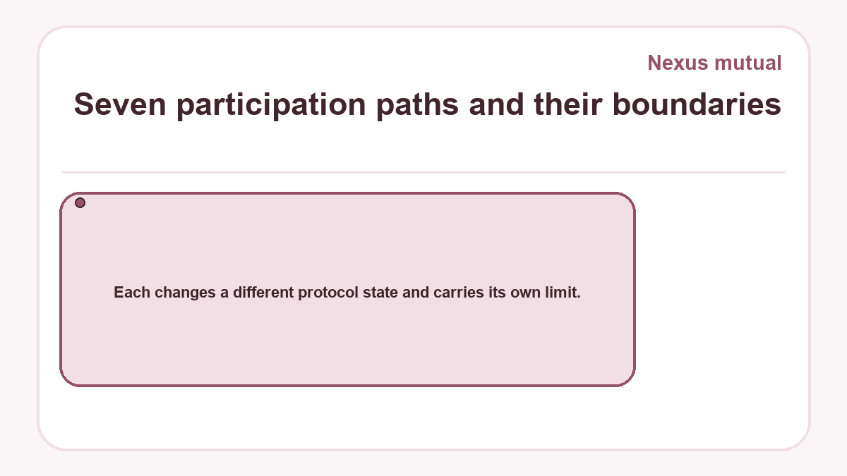Seven participation paths and their boundaries: Each changes a different protocol state and carries its own limit.